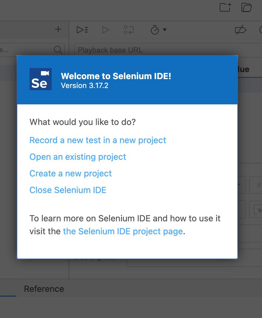 Selenium IDE introduction screen.