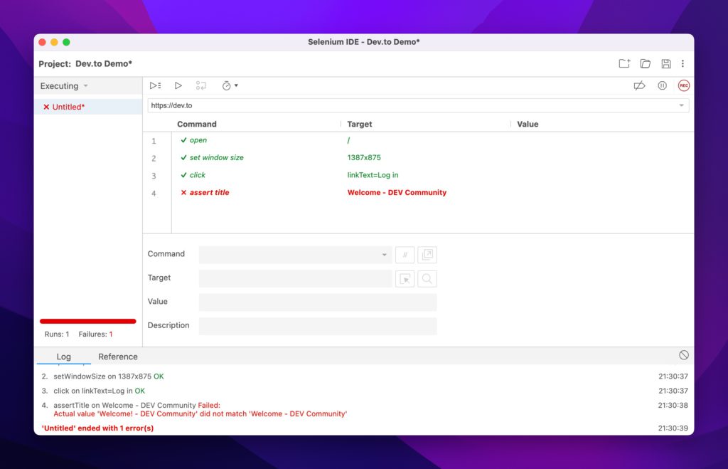 Failed automation testing in Selenium IDE.