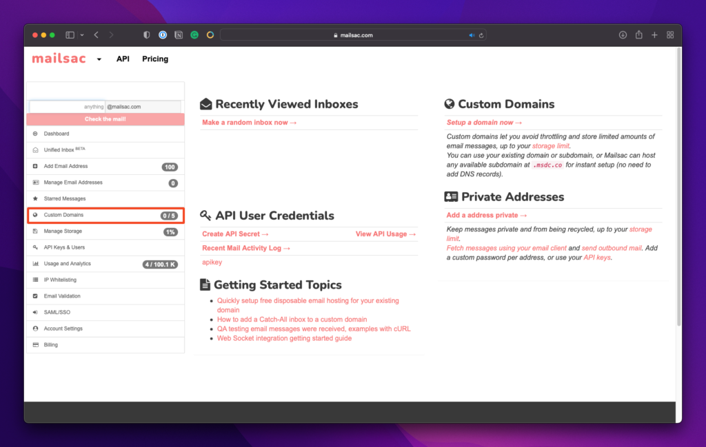 Custom subdomain location in Mailsac's dashboard.