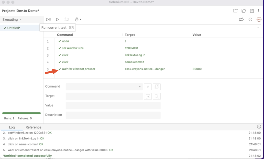 Successful automation testing in Selenium IDE.