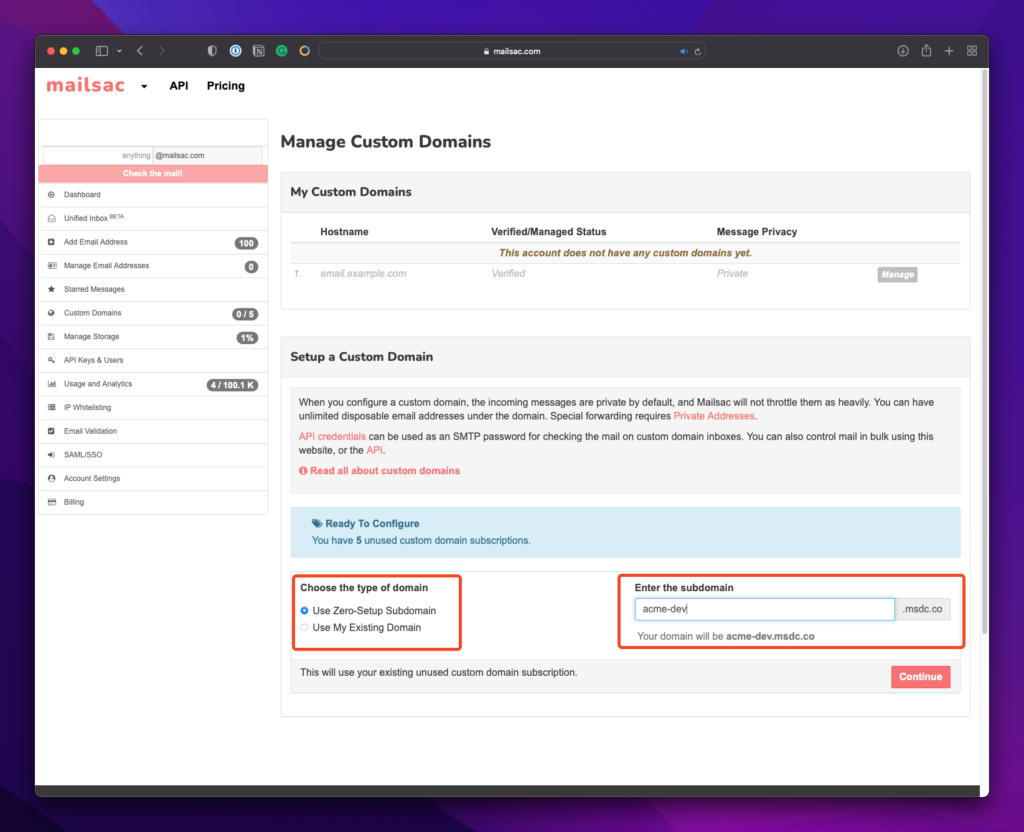 Custom subdomain location and naming input in Mailsac's dashboard.